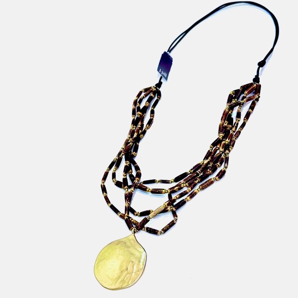 JJill Wooden Bead Multi Strand Gold Medallion Necklace - Picture 2 of 7
